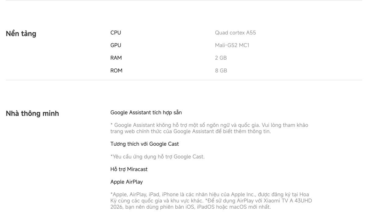 Tivi Xiaomi A 43 Inch – 2026 Bản Quốc Tế – 4K/60Hz – 2GB/8GB